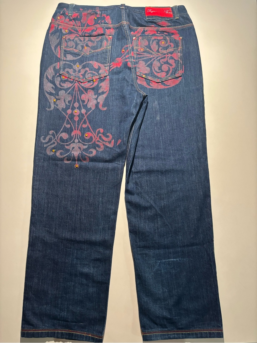 Baggy Y2K jeans crown holder rhinestones printed filigree design cross